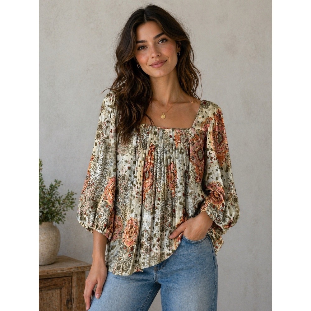 Ivy Chic Boho Floral Pleated Blouse Top 2X Plus Size Flowy 3/4 Sleeve